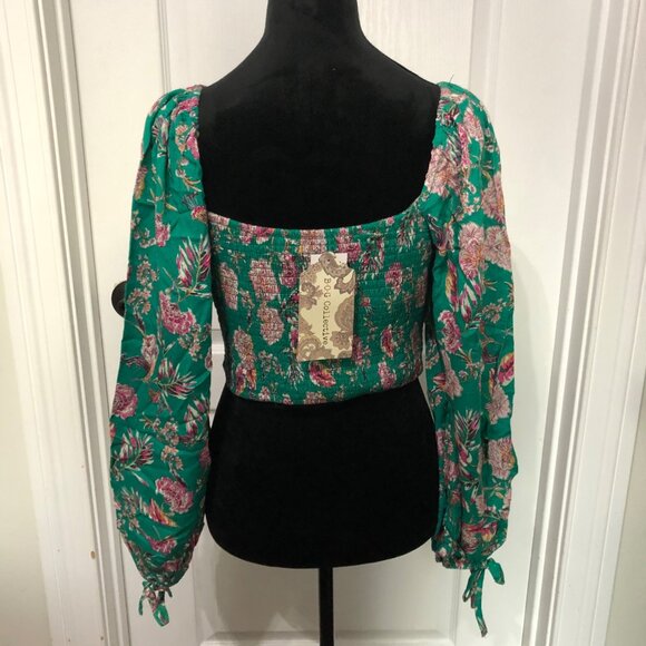 B.O.G Collective Green & Pink Floral Square Neck Smocked Long Sleeve Blouse M - Picture 8 of 8